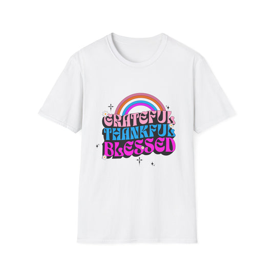 Vintage Rainbow Blessed and Thankful Unisex Softstyle T-Shirt, Retro Pride Tee, Colorful Gratitude Shirt, LGBTQ+ Support Top, Happy Vibes