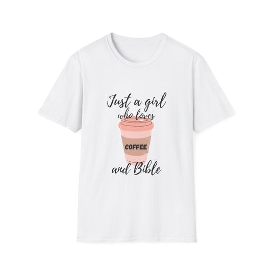 Coffee and Bible Lover Unisex Softstyle T-Shirt, Christian Shirt, Religious Tee, Caffeine Addict Top, Inspirational Clothing